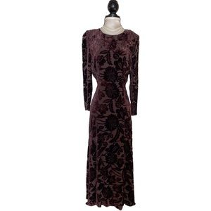 Vintage Gorgeous Elegant Women's Silk/Velvet Maxi Dress Floral Brown XS/S